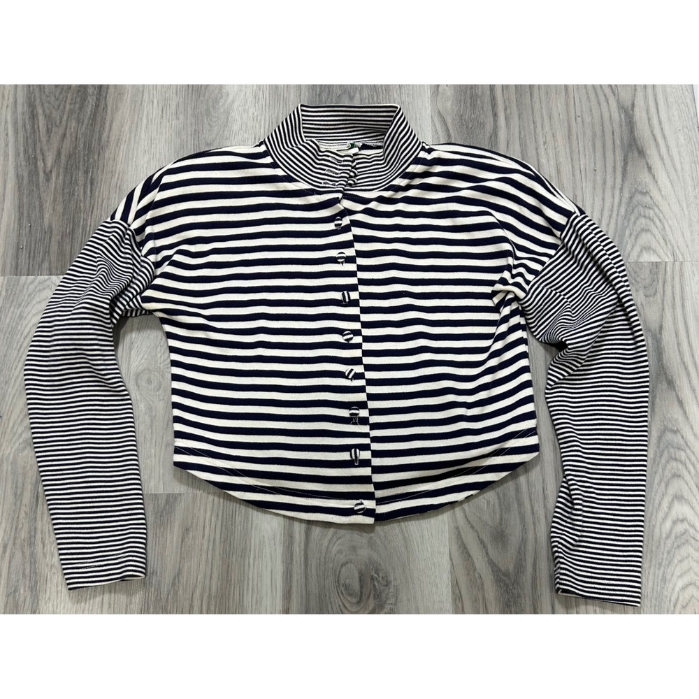 Sportables Vintage Navy White Striped Mock Neck Button Down Cropped Cardigan‎ S